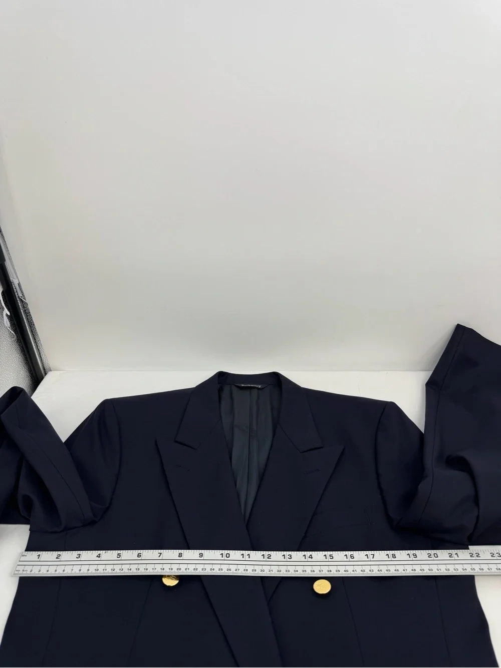 Vintage BURBERRYS Navy Blue Gold Button Super 100's Wool Double Breasted Blazer